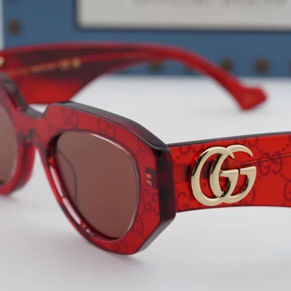 Gucci GG1421S 006 Geometric Sunglasses - Transparent Red with GG Pattern/Brown Gucci GG1421S 006 Geometric Sunglasses - Transparent Red  main image 4